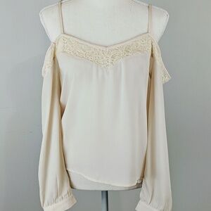 Anthropologie Paper Crane Cold Shoulder Lace Blouse Size‎ M Cream Boho Fairy